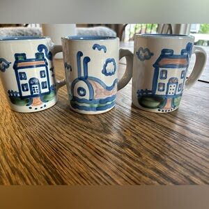 M.A Hadley Hand-Painted Pottery Mugs House Whale Ships- Set of 3